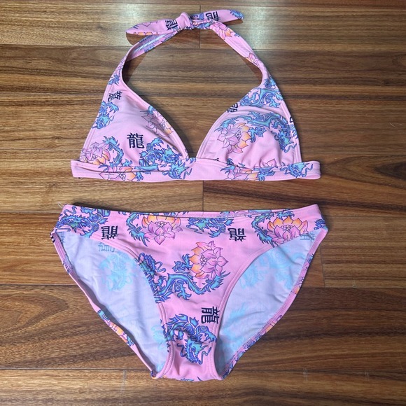 Island World Apparel Bikini Set Halter Dragon Floral Print Swimsuit Medium - Picture 1 of 7